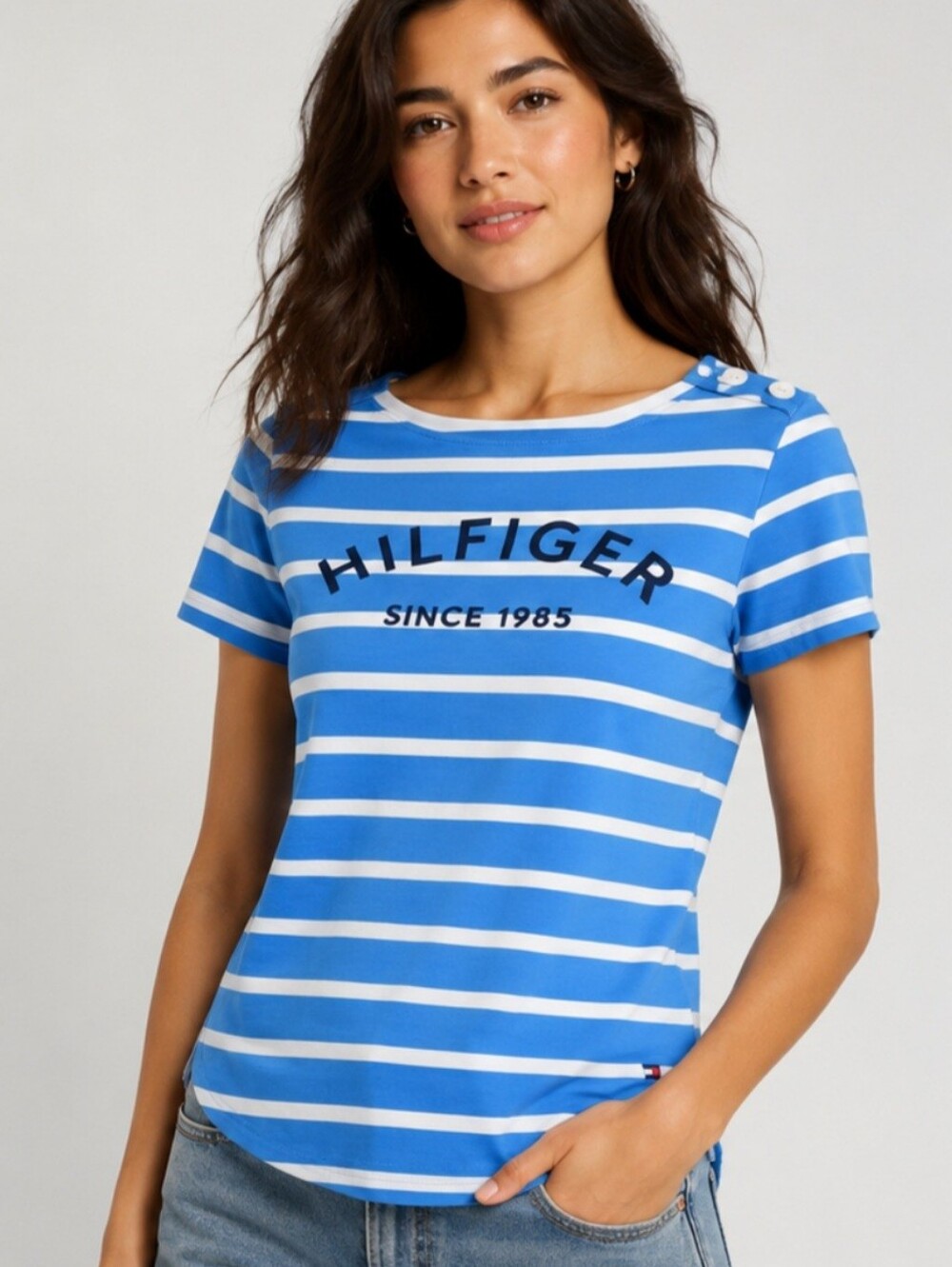 Tommy Hilfiger Blue & White Nautical Stripe Tee Shirt NWOT Size Small